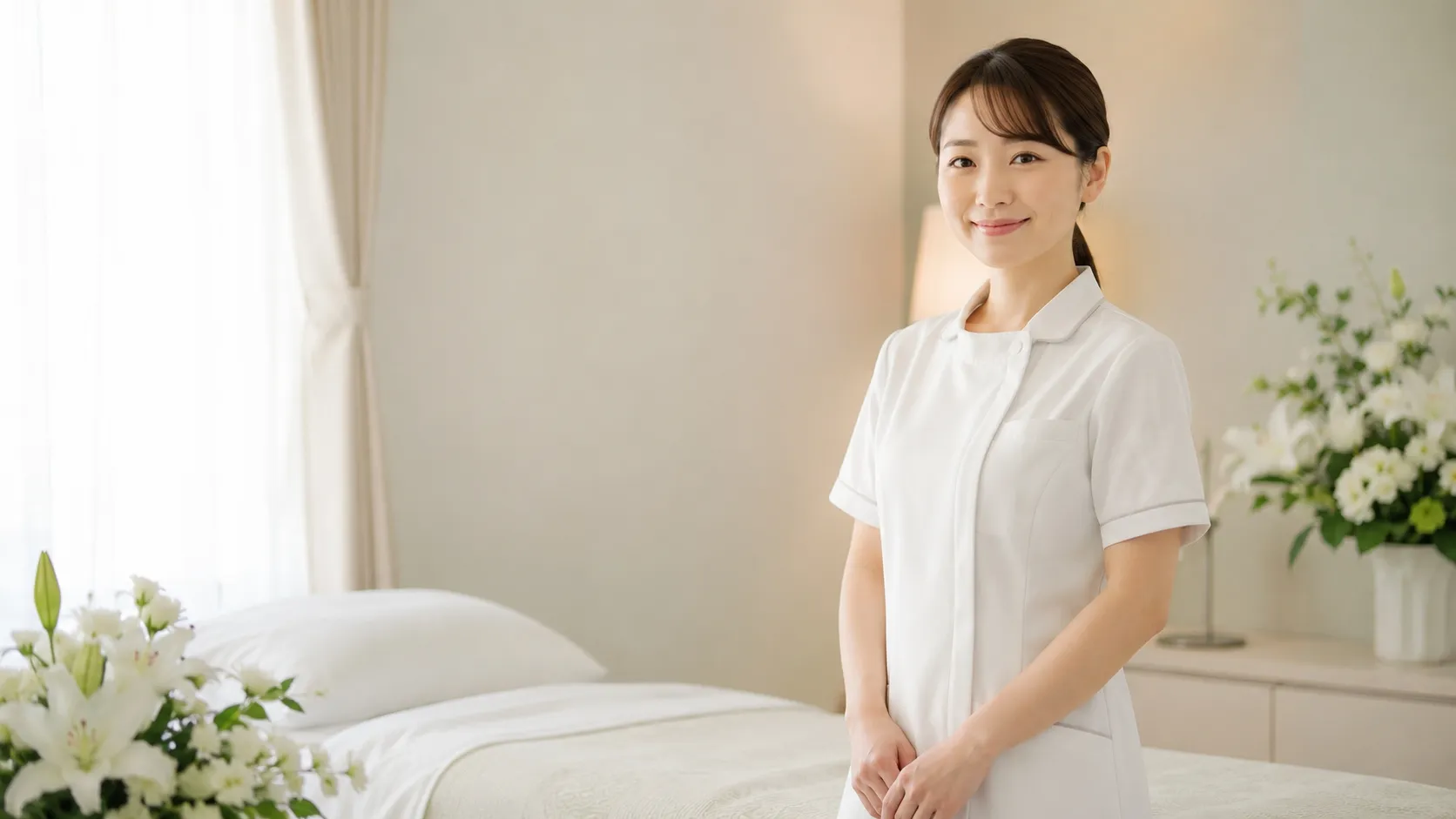 白い花に囲まれた清潔な空間で、穏やかに寄り添うあんじんのスタッフ